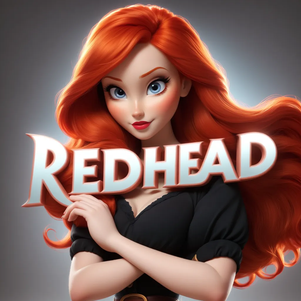 The image shows a beautiful woman with long, flowing red hair. She is wearing a black dress with a white collar. The woman has blue eyes and a red head band. She is smiling and has a confident expression on her face. The word "REDHEAD" is written in large, white letters in the foreground.