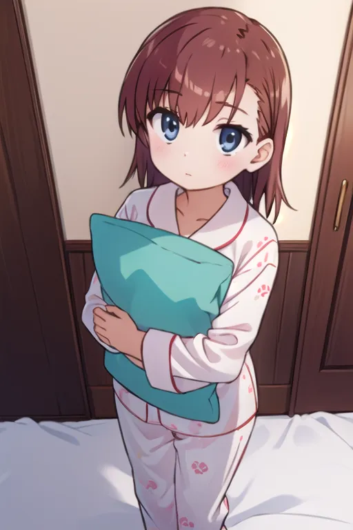 The image shows a young girl in her pajamas. She has brown hair and blue eyes. She is standing in a bedroom, holding a pillow. The girl is looking at the viewer with a slightly shy expression. She is wearing a pink and white striped nightgown with a white collar. The nightgown has short sleeves. The girl is barefoot.