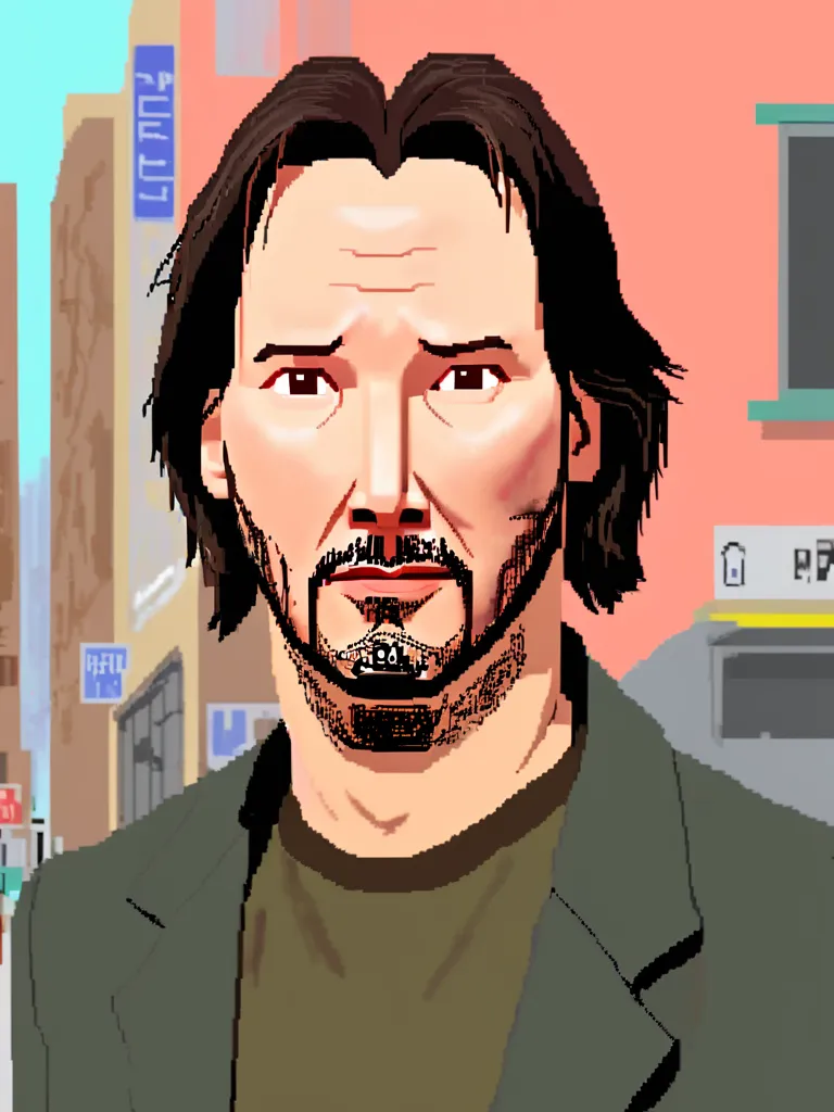 This is a pixelated portrait of Keanu Reeves. He is looking at the viewer with a serious expression. He is wearing a black suit jacket and a dark green shirt. His hair is dark and combed back. He has a small amount of facial hair. The background is a blurred cityscape.