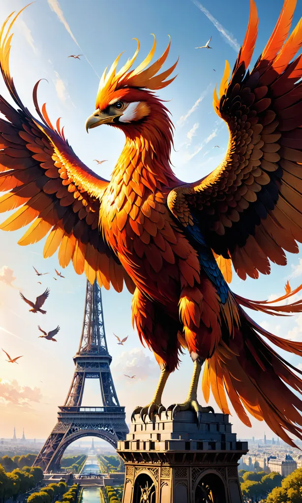 The image shows a phoenix, a mythical bird that is said to be a symbol of hope and renewal. The phoenix is depicted as a large, majestic bird with fiery orange and yellow feathers. It is standing on a tall building in the middle of a city, with its wings spread wide. The city is in the background and is made up of tall buildings and a river running through it. The sky is a clear blue with some clouds. The phoenix is looking down at the city below it with its head turned to the side.