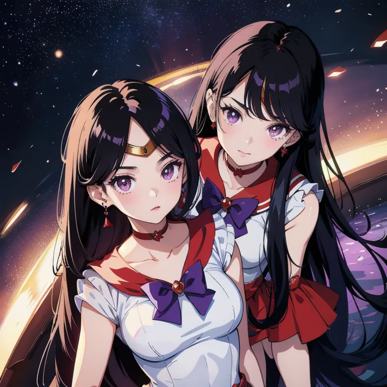 This image shows two anime girls with long black hair. They are both wearing red and white sailor fuku with purple bows. The girl on the left has her hair down, while the girl on the right has her hair in a ponytail. They are both standing in front of a purple and blue background with stars.