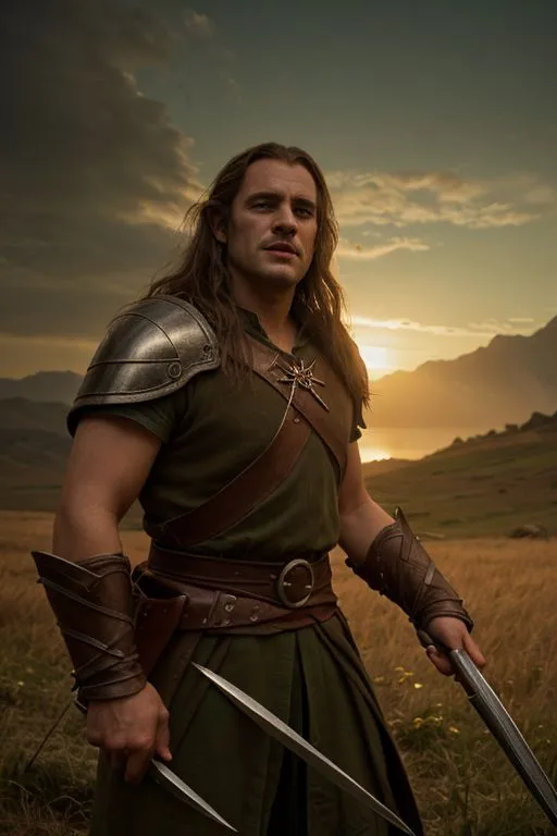 The image shows a man standing in a field, holding two swords. He is wearing a green tunic and brown leather armor. He has long brown hair and a beard. The sun is setting in the background.