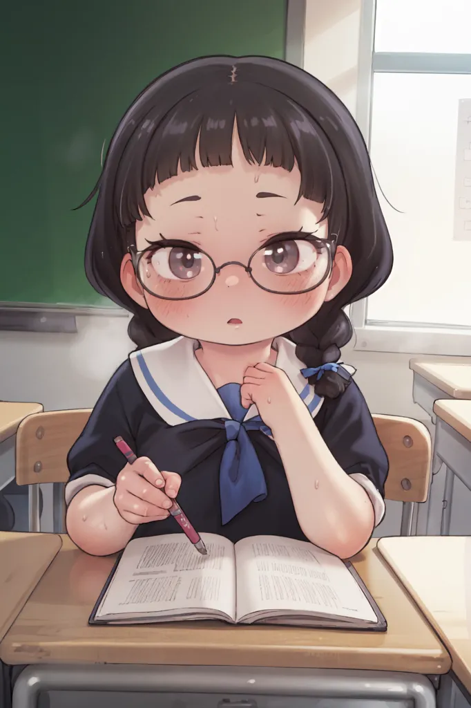 A young girl with short black hair and glasses is sitting at a desk in a classroom. She is wearing a white shirt with a blue collar and a blue skirt. She is holding a pencil and looking at a book. She has a worried expression on her face and seems to be thinking hard about something.