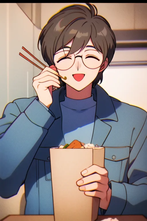 This is an image of a young man eating a meal. He appears to be enjoying his food as he has a smile on his face. He is wearing glasses, a blue sweater, and a blue jacket. He is holding chopsticks in one hand and a container in the other hand. The container appears to be a takeout container.