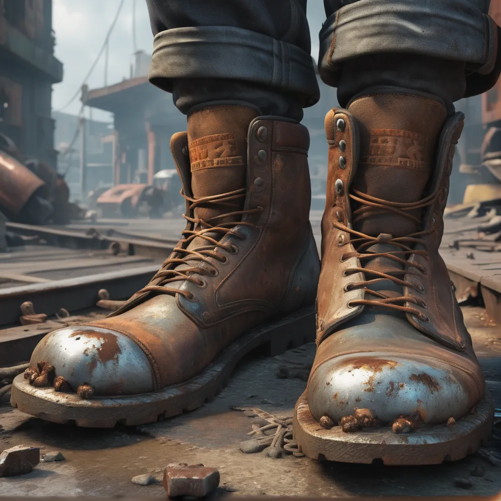 A pair of brown leather work boots with steel toes is standing on a railroad tie. The boots are covered in dirt and rust. The background is a blurred image of a railroad yard.