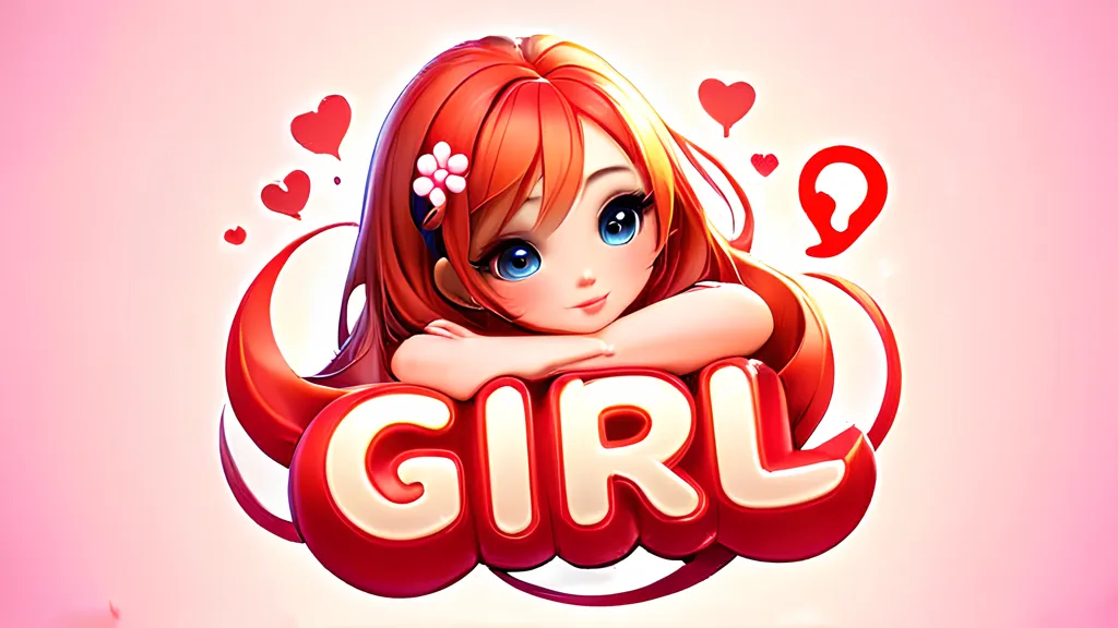 The image shows a cute anime girl with long red hair and blue eyes. She is wearing a white shirt and has a flower in her hair. The word "GIRL" is written in pink letters below her. The background is a light pink color.