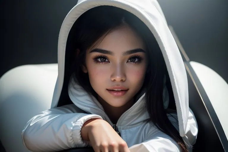 This is an image of a young woman, probably in her late teens or early twenties. She has long, dark hair, light skin, and dark brown eyes. She is wearing a white jacket with a hood. The hood is pulled back, so her face is visible. She is looking at the camera with a slightly tersenyum smile.