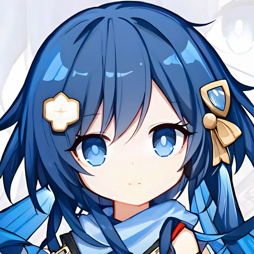 This is a picture of a young girl with blue hair and blue eyes. She is wearing a white shirt and a blue scarf. She has a small white flower in her hair and a gold and blue bow on the right side of her head. She is smiling and looking at the viewer.