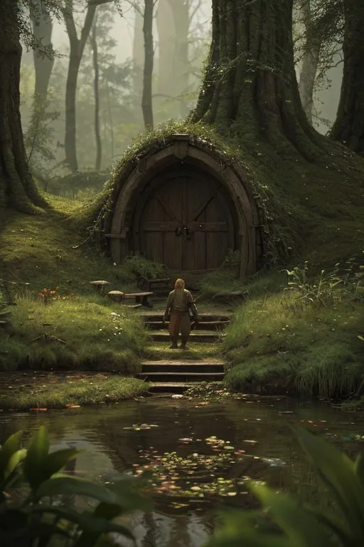 The image is of a hobbit hole, a fictional underground dwelling from the Lord of the Rings series. The hobbit hole is located in a forest and is surrounded by trees and plants. There is a path leading up to the hobbit hole and a pond nearby. The hobbit hole is made of wood and has a round door.