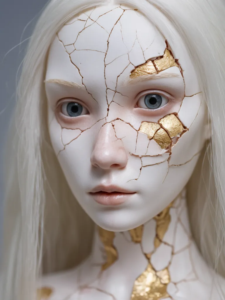 The image is a close-up of a female doll's face. The doll has pale skin with a crackled surface, and her eyes are a light blue color. There are several gold-colored pieces scattered across her face. She is wearing a white dress with a high collar. The doll's expression is one of sadness and resignation.