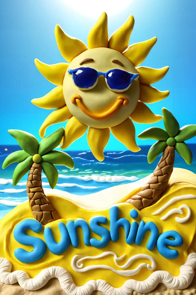 This is a 3D rendering of a claymation image. It depicts a smiling sun wearing sunglasses, with two palm trees on either side of it. The sun is in front of a blue ocean with white waves crashing on the beach. The word "sunshine" is written in 3D letters in front of the sun.