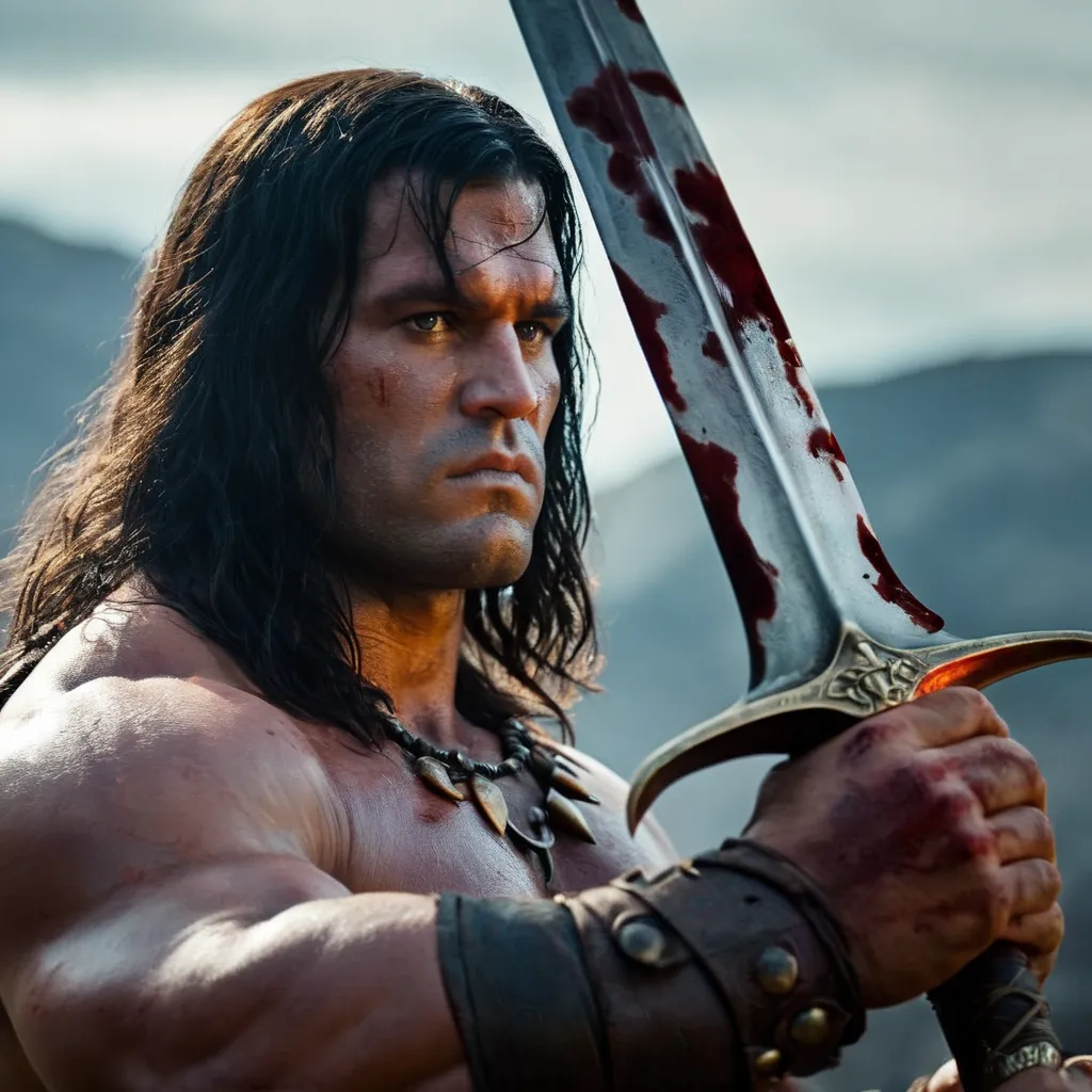 This image shows a muscular man with long dark hair. He is holding a large sword in his right hand. The sword is covered in blood. The man's face is stern and determined. He is wearing a loincloth and a necklace made of animal teeth. He is standing in a mountainous landscape.