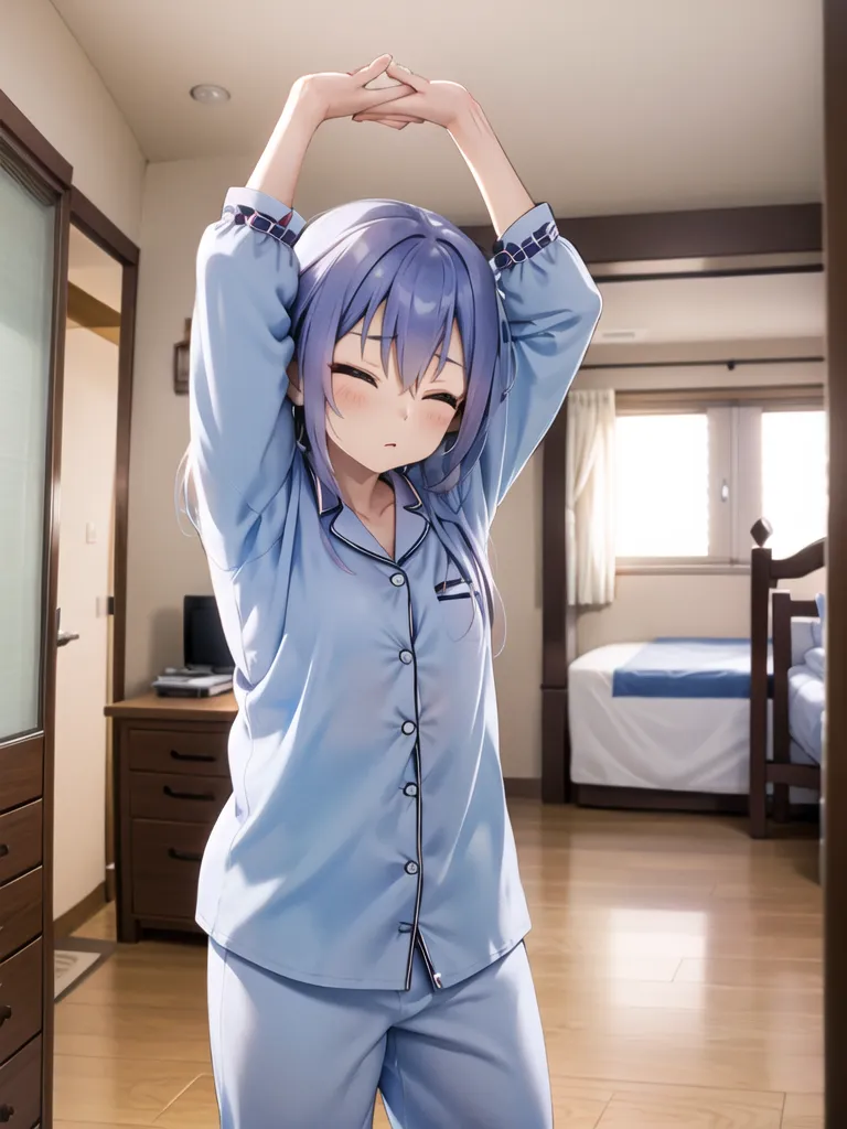 The image shows a young woman with purple hair wearing blue pajamas. She is standing in a bedroom, stretching her arms and smiling. The bedroom is furnished with a bed, a dresser, and a nightstand. The floor is covered in hardwood flooring. The woman has her eyes closed and is enjoying the feeling of stretching her body. She is wearing a long-sleeved pajama top with buttons down the front and matching pants. Her hair is down and flowing over her shoulders. The image is peaceful and relaxing.