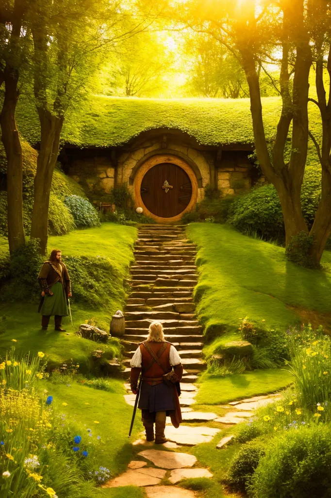 The image is of a hobbit hole, which is a fictional underground dwelling from the Lord of the Rings series of novels by J.R.R. Tolkien. The hobbit hole is located in a rural setting and is surrounded by trees and flowers. There is a stone path leading up to the hobbit hole, and a wooden door at the entrance. The image is peaceful and serene, and it evokes a sense of wonder and magic.