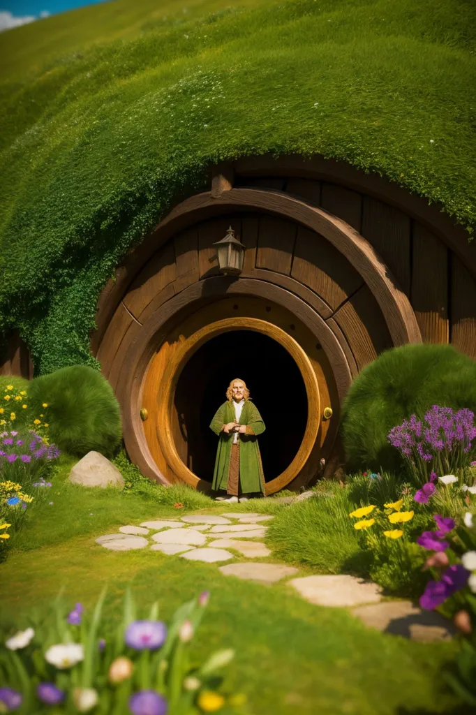 This is a hobbit hole, a fictional underground dwelling from the Lord of the Rings series. The image shows a hobbit standing in the doorway of his hobbit hole. He is wearing a long green cloak. The hobbit hole is made of wood and has a round door. There are flowers and plants growing around the hobbit hole. The image is peaceful and serene.