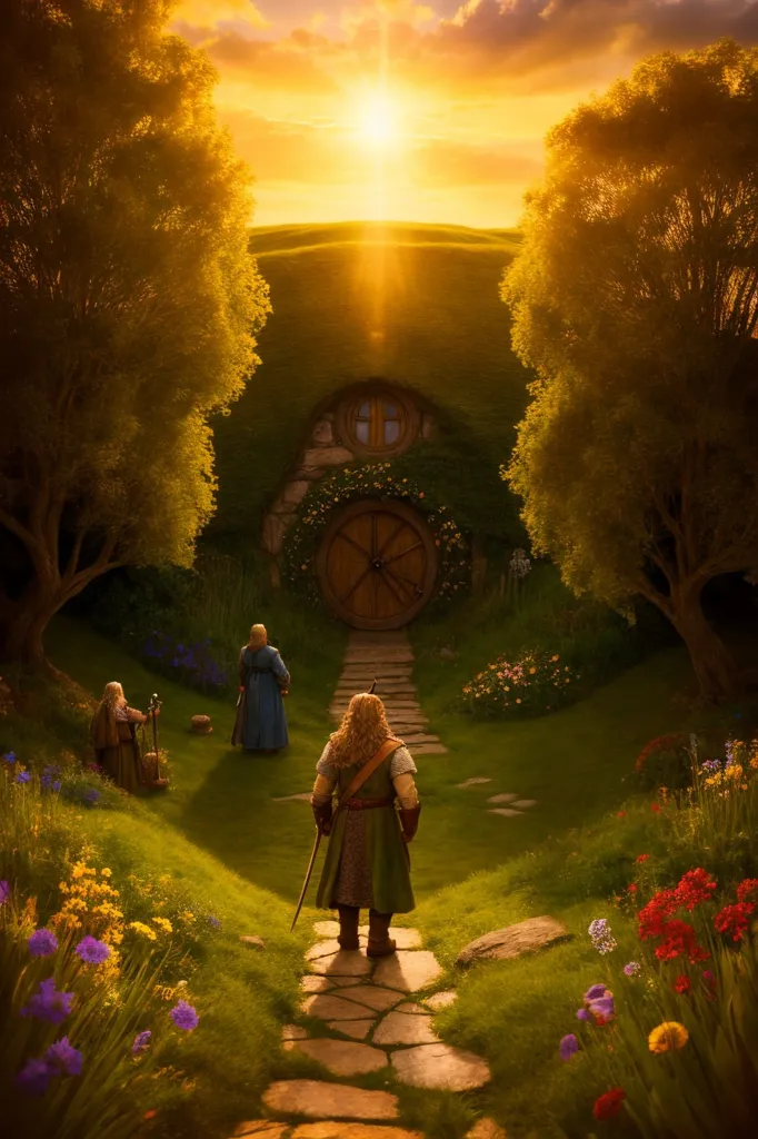 The image is of a hobbit hole, the home of a hobbit, a fictional creature from the Lord of the Rings series of novels by J.R.R. Tolkien. The hobbit hole is a round, underground dwelling with a circular door and a thatched roof. It is located in a rural setting, with a large tree and a flower garden nearby. The image is warm and inviting, and it captures the whimsical and magical nature of the hobbits.