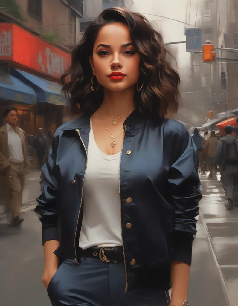 This image shows a young woman, probably in her early 20s, with long, wavy brown hair, wearing a white tank top, blue jacket, and blue pants. She has a confident expression on her face and is looking directly at the viewer. She is standing in an urban setting with people walking in the background.