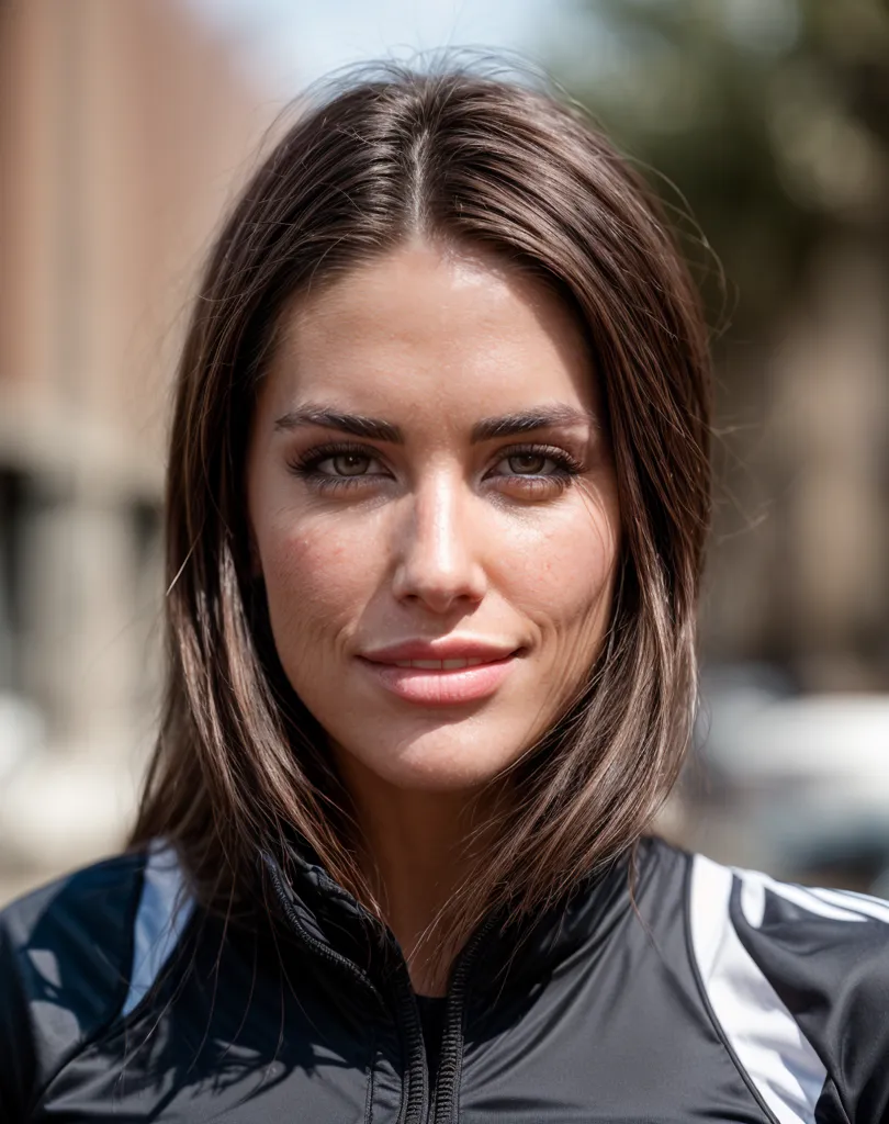 This image shows a young woman, probably in her early 20s, with long, straight, brunette hair. She has light makeup on and is wearing a black jacket with white stripes on the sleeves. She has a confident expression on her face and is looking directly at the camera.