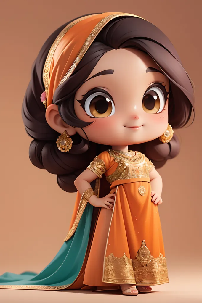 This is an image of a cute chibi girl. She has big brown eyes and long brown hair. She is wearing a beautiful orange dress with gold trim. She is also wearing a matching headpiece and earrings. The girl is standing with her hands on her hips and has a confident smile on her face.