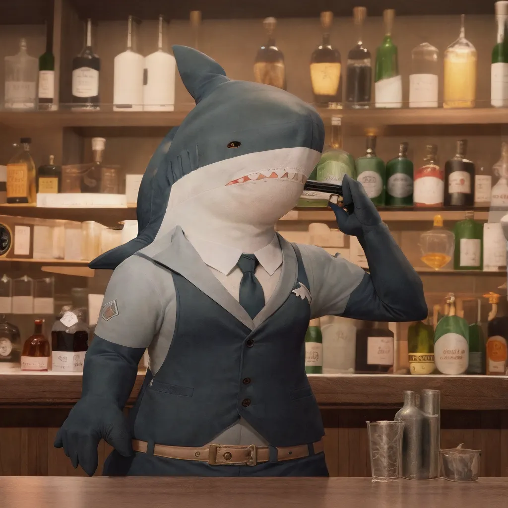 A shark wearing a suit and tie is standing behind a bar counter. He has a cigar in his mouth and is holding a phone to his ear. There are bottles of alcohol on the shelves behind him.