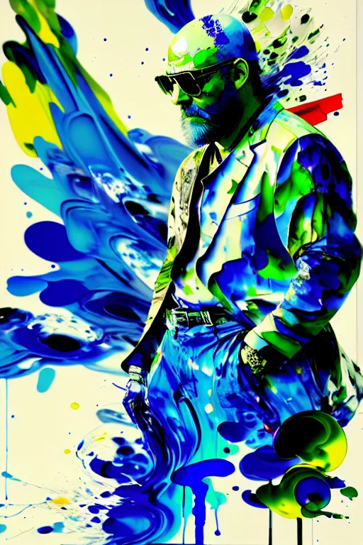 A imagem é uma pintura de um homem com óculos de sol e barba. O homem está vestindo um terno e gravata. O fundo é branco com respingos de tinta azul e amarela. O homem está de pé com as mãos nos bolsos. Ele tem uma expressão confiante no rosto. A pintura é feita em um estilo realista. As cores são vibrantes e as pinceladas são visíveis. A pintura é assinada pelo artista no canto inferior direito.