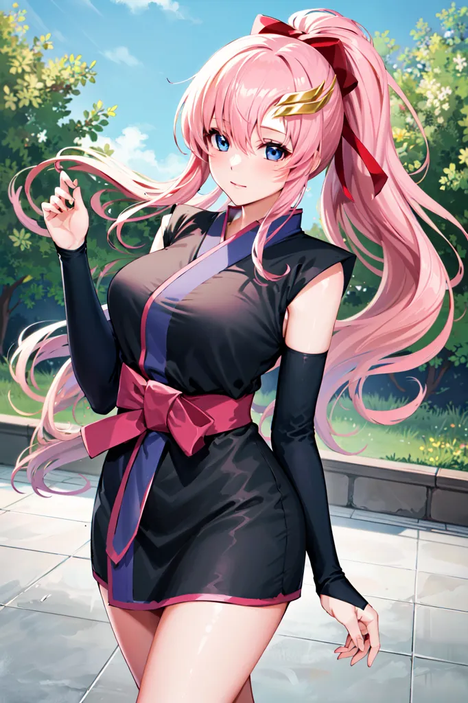 The image is an anime-style drawing of a young woman with long pink hair and blue eyes. She is wearing a black and purple kimono with a pink obi and has a red ribbon in her hair. She is standing in a garden with a large tree in the background.