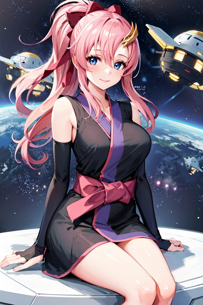 The image shows a young woman with pink hair and blue eyes. She is wearing a black and purple kimono-style dress with a pink obi sash. She has a pink bow in her hair and is sitting on a white platform in space. There are two spaceships in the background and the Earth is visible in the distance.