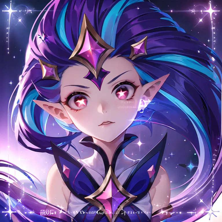 The image is of a young woman with long purple and blue hair. She has pointed ears and red eyes. She is wearing a purple and blue outfit with a star on her chest. She is surrounded by stars and has a serious expression on her face.