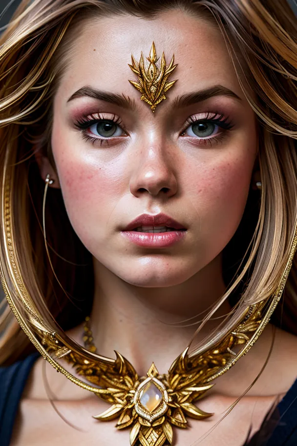 A imagem mostra uma jovem mulher com cabelos loiros longos e ondulados. Ela tem pele clara e olhos verdes claros. Ela está usando um colar de ouro com um grande e ornamentado pingente no centro. O pingente é feito de ouro e tem um design semelhante a um sol. O cabelo da mulher está puxado para trás do rosto e ela está usando uma tiara com um design semelhante a uma folha no centro. A tiara é feita de ouro e tem um design de folha. Os lábios da mulher estão ligeiramente separados e ela tem uma expressão serena em seu rosto.