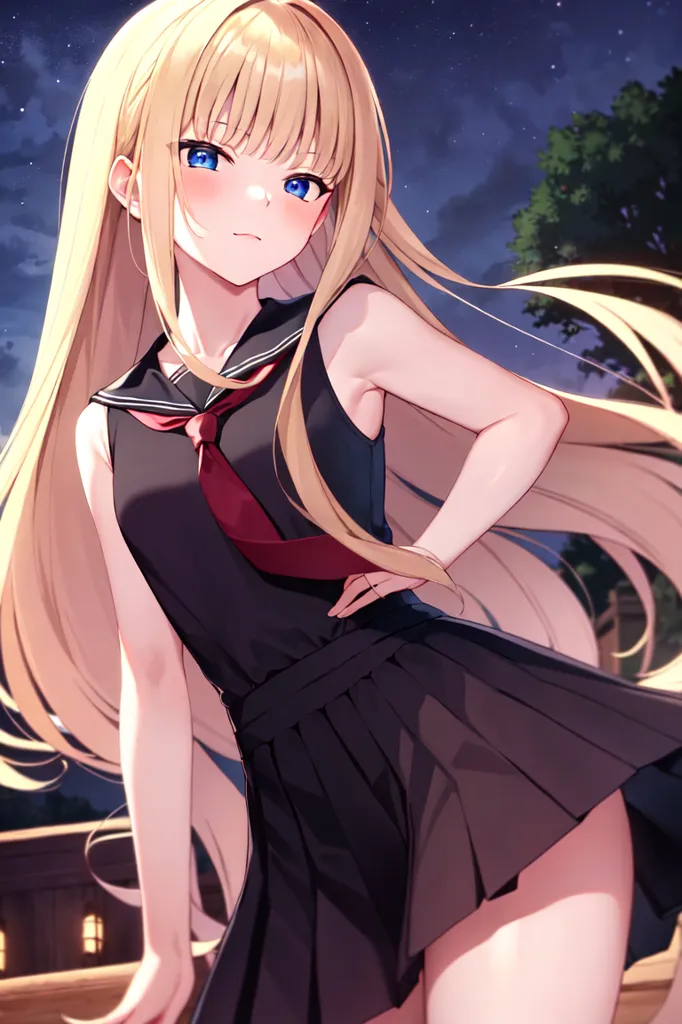 The image shows a young woman with long blonde hair and blue eyes. She is wearing a black sailor-style dress with a red tie. She is standing with her left hand on her hip and her right arm hanging at her side. She has a confident expression on her face. The background is a night sky with stars and a few trees in the distance.