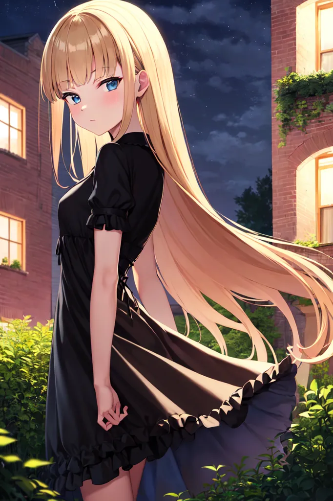 The image is a painting of a young woman with long blonde hair and blue eyes. She is wearing a black dress with a white collar. The dress has a pleated skirt and a lace overlay. The woman is standing in a garden, surrounded by green plants. There is a building with two windows in the background. The sky is dark blue and there are stars in the sky. The woman is looking at the viewer with a shy expression.