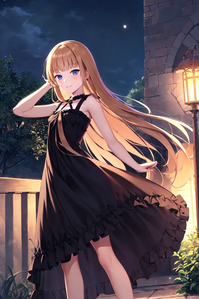 La imagen es una hermosa chica de anime con cabello rubio largo y ojos azules. Ella está usando un vestido negro con un cuello blanco. Ella está parada en un jardín, rodeada de árboles y flores. Hay un farol junto a ella. El cielo está oscuro y hay una luna creciente en el cielo.