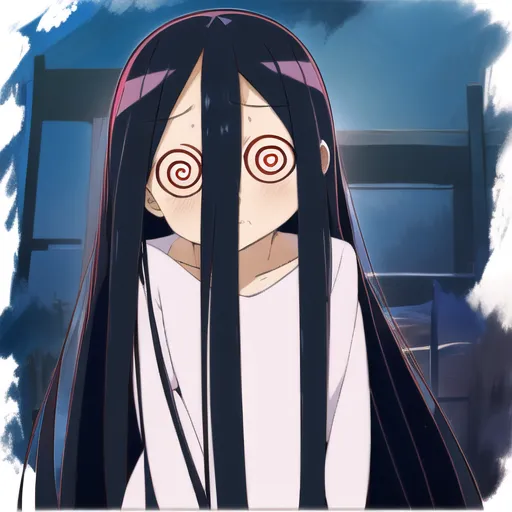 The image shows a girl with long black hair and red eyes. She is wearing a white dress and is standing in a dark room. The girl's eyes are wide open and she has a shocked expression on her face. There are spirals in her eyes.