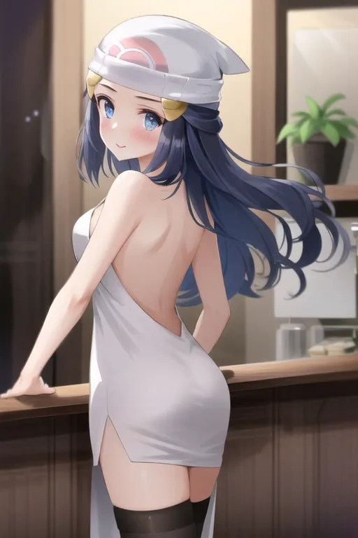 The image depicts a young woman with long blue hair and blue eyes. She is wearing a white dress with a thigh-high slit and a white hat. The dress is low-cut in the back, exposing most of her back. She is standing in a kitchen, leaning against a counter.