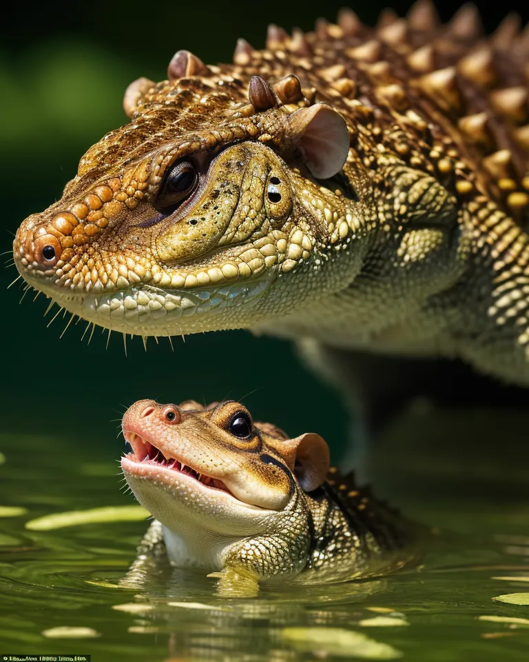 この画像は2つの動物の写真です。大きな動物はトカゲです。長くうろこのある体と大きな頭を持っています。トカゲは川の岸に立っており、小さな動物を下から見下ろしています。小さな動物はカエルです。滑らかな緑色の体と長い粘着性の舌を持っています。カエルは水の中に座っており、トカゲを上から見上げています。画像の背景は緑の葉が ぼやけています。