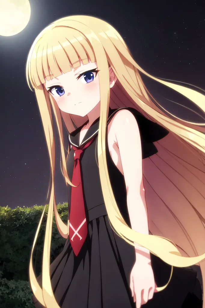 The image is a digital painting of a young girl with long, flowing blonde hair. She is wearing a black dress with a red tie and has a serious expression on her face. The background is a night sky with a full moon. The girl is standing in a field of grass, and there are trees in the distance. The painting is done in a realistic style, and the girl's expression is captured in great detail. The colors are vibrant and the lighting is dramatic, creating a sense of atmosphere. The painting is likely a work of fan art, as the girl resembles a character from an anime or manga series.