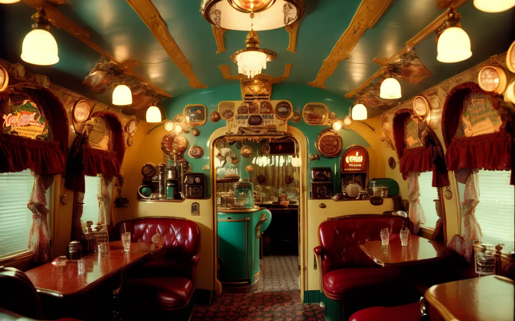 L'image montre une salle à manger vintage avec des murs verts et un plafond jaune. Il y a plusieurs tables et chaises dans la pièce, ainsi qu'un bar et une cafetière. La pièce est décorée avec une variété d'objets vintage, notamment des photos, des affiches et des panneaux. Il y a également plusieurs plantes dans la pièce.