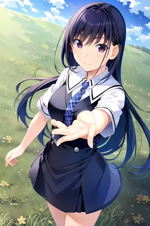 The image is a portrait of a young woman with long black hair, purple eyes, wearing a school uniform. She is standing in a field of grass and flowers, and she has her hand outstretched. The background is a blue sky with white clouds. The woman is smiling and has a gentle expression on her face.