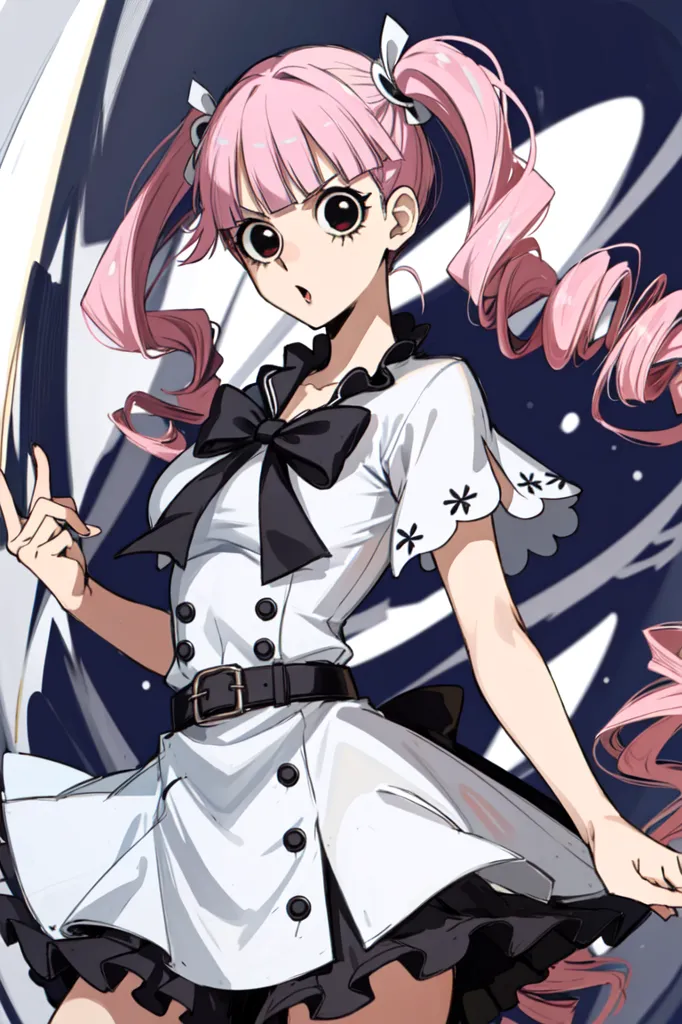 The image shows a young girl with pink hair and blue eyes. She is wearing a white dress with a black belt and a large black bow on her chest. She is also wearing black boots. The girl is standing in a confident pose, with her left hand on her hip and her right hand pointing forward. She has a surprised expression on her face, with her mouth slightly open. The background of the image is a dark blue color, with a few white stars scattered around.