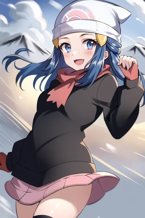 The image depicts a young girl with blue hair and blue eyes. She is wearing a white and pink beanie, a gray sweatshirt, and a pink skirt. She is also wearing a red scarf and black boots. The girl is standing in a snowy landscape and is smiling.