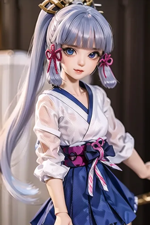 The image shows a doll with long silver hair and blue eyes. She is wearing a white and blue kimono with a pink obi. Her hair is tied in a ponytail with two pink bows. She is also wearing a white and blue haori with a pink bow on the back. She is standing in a traditional Japanese room.