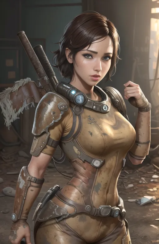 The image shows a young woman in a post-apocalyptic setting. She is wearing a tan jumpsuit with a brown utility belt and a brown armored shoulder pad on her right shoulder. She has a brown leather bandolier with a silver buckle across her chest and a silver necklace with a small pendant. She is also wearing a pair of brown leather gloves and brown leather boots. She has a serious expression on her face and is looking at the viewer with her brown eyes. She is standing in a room with a concrete floor and brick walls. There is a wooden door on the left and a metal door on the right. There is also a window on the left side of the room. The image is in a realistic style and the colors are muted.