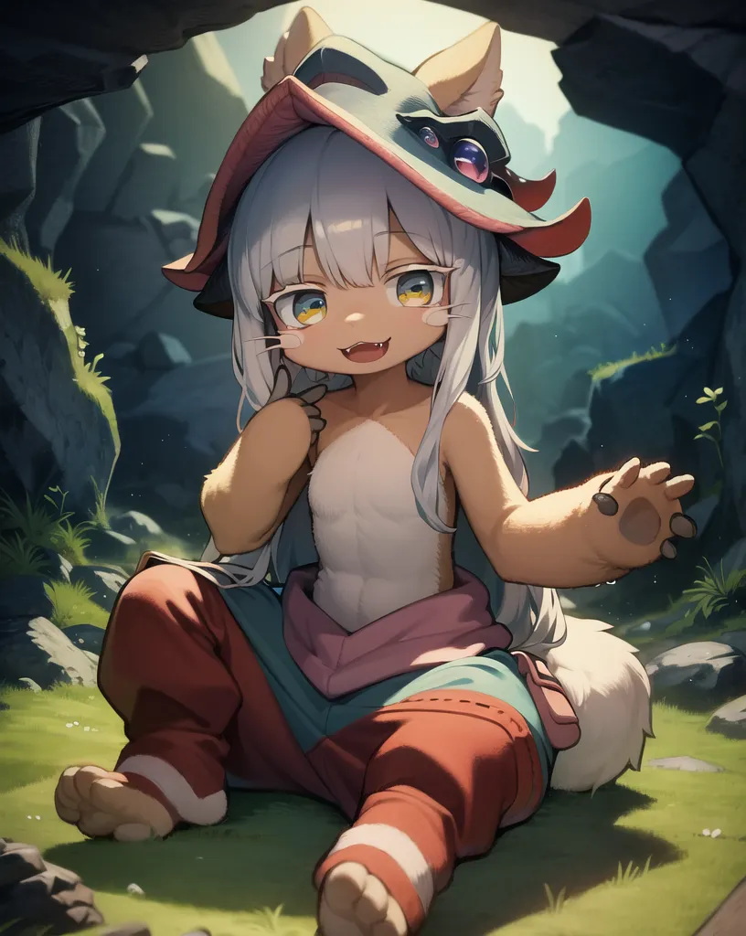 The image is of a small, furry creature with white hair and yellow eyes. It is wearing a large hat with a green brim and a red feather. The creature is sitting on a rock in a forest, and it has a curious expression on its face. It is wearing a tattered cloak and pants. The creature's hands and feet are large and paw-like, and it has a long tail with a white tip.