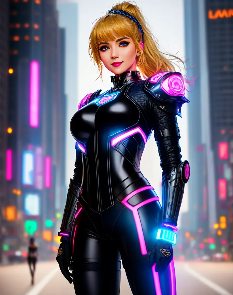 A woman with long blonde hair and blue eyes is wearing a black and blue bodysuit with pink and blue lights. She is standing in a city street with tall buildings and bright lights in the background.