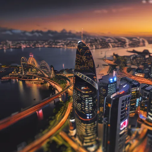 The image is a bird's-eye view of a futuristic city. The city is full of tall skyscrapers and flying cars. The roads are also very futuristic, with some of them even going underground. The city is located on a river, and there is a large bridge in the background. The sky is a dark orange color, and the sun is just setting. The image is very detailed, and it is clear that the artist put a lot of thought into creation