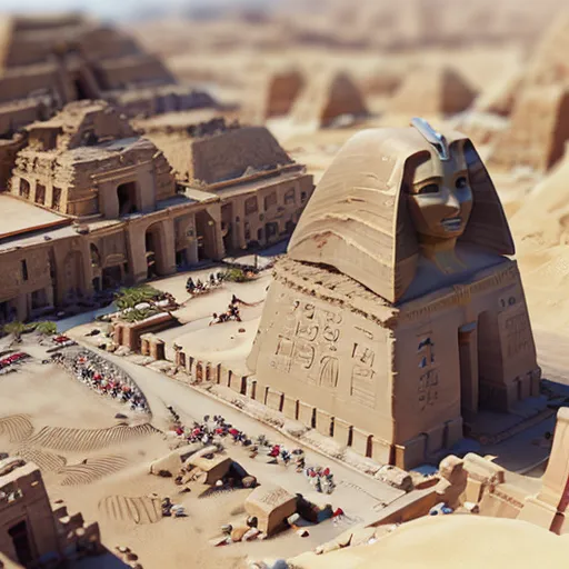 The image shows an ancient Egyptian city. There is a large sphinx statue in the center of the city. The sphinx is a lion with a human head. It is very large and looks very powerful. There are many buildings around the sphinx. The buildings are made of stone and are very tall. There are many people walking around the city. The people are wearing traditional Egyptian clothing. There are also many animals in the city. There are cats, dogs, and birds. The city is very busy and looks very prosperous.