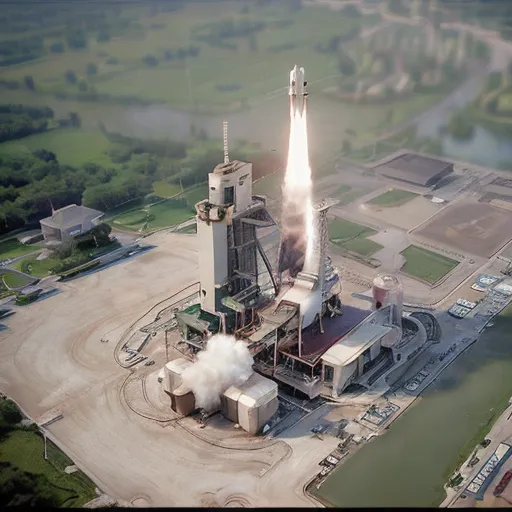 A imagem mostra um foguete decolando de uma plataforma de lançamento. O foguete está cercado de fumaça e chamas. Há edifícios e árvores ao fundo. A imagem é tomada de uma vista aérea.