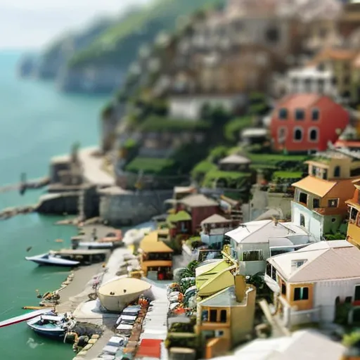 The image shows a small town on the coast. The town is built on a cliff and there is a long beach below. The houses in the town are built close together and are painted in different colors. There are a few trees in the town and there are some boats in the water. The water is a deep blue color and the sky is light blue. There are some clouds in the sky. The image is taken from a high angle and it makes the town look like a model.