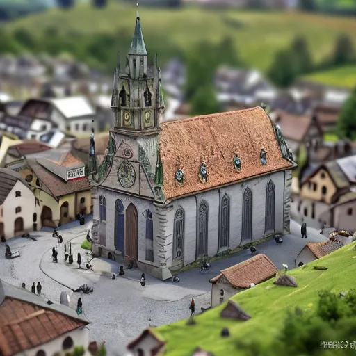 The image shows a miniature model of a medieval European town. The town is made up of a variety of buildings, including houses, shops, and a church. The church is the most prominent building in the town, and it is surrounded by a cemetery. The town is located in a valley, and there are mountains in the background. The model is very detailed, and it is clear that a lot of time and effort went into creating it.