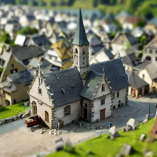 The image shows a model village with a church, houses, and a cemetery. The church is made of stone and has a clock tower. The houses are made of wood and have different colors. The cemetery is filled with tombstones. There are trees and bushes around the village. The image is taken from a high angle and shows the village in detail.